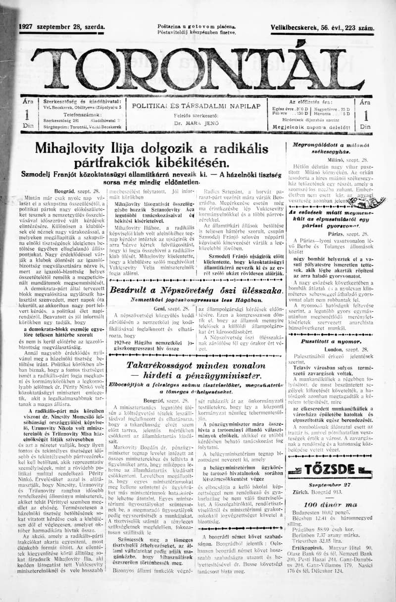 Torontál, 56. évf. 1927. szeptember 28. 223. sz.