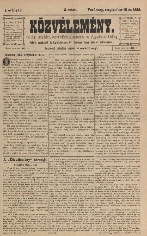 Közvélemény, 1. évf. 1886. szeptember 19. 3. sz.