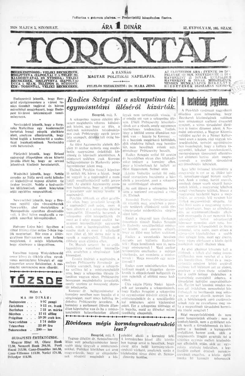 Torontál, 57. évf. 1928. május 5. 105. sz.