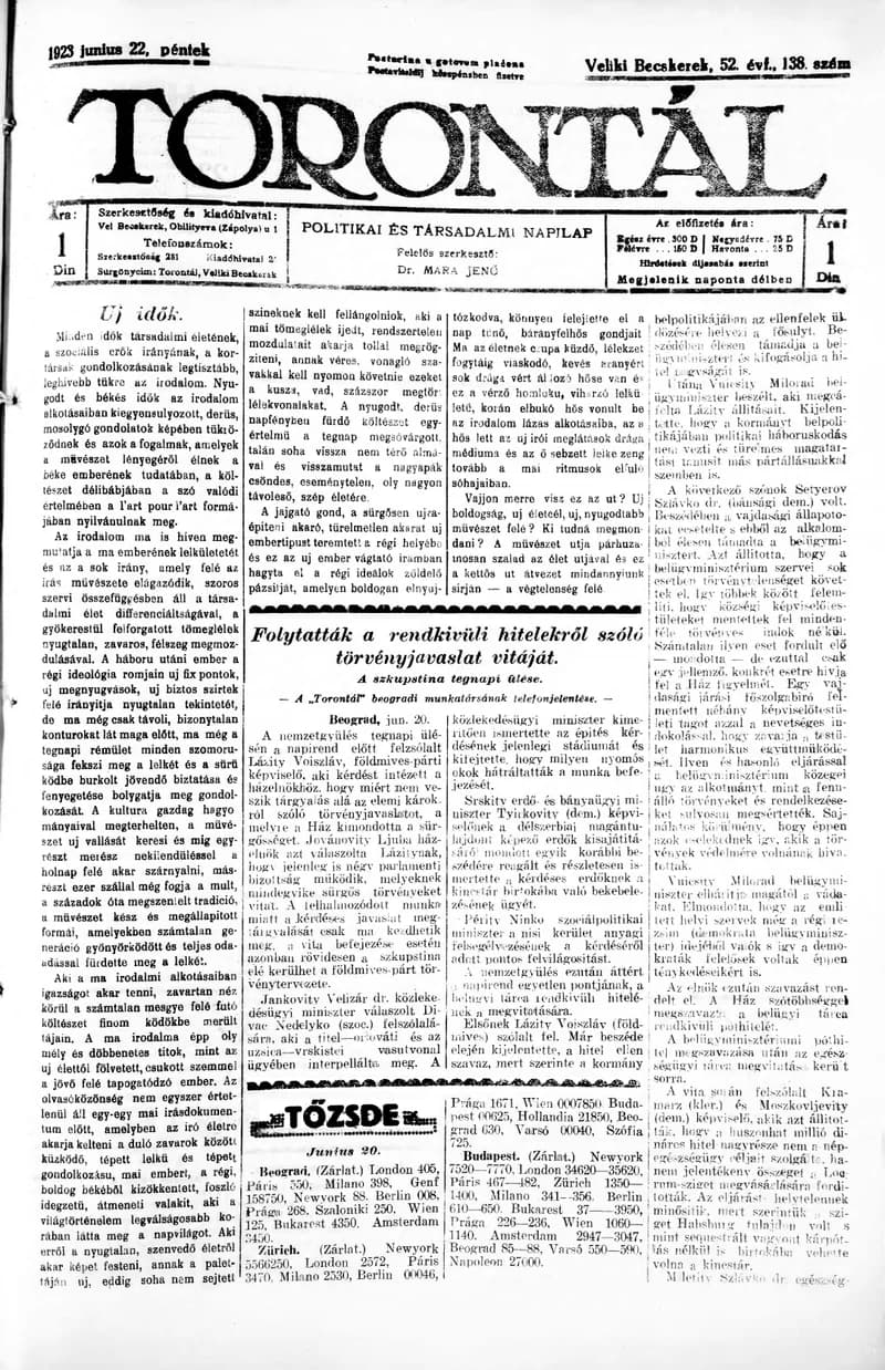 Torontál, 52. évf. 1923. június 22. 138. sz.