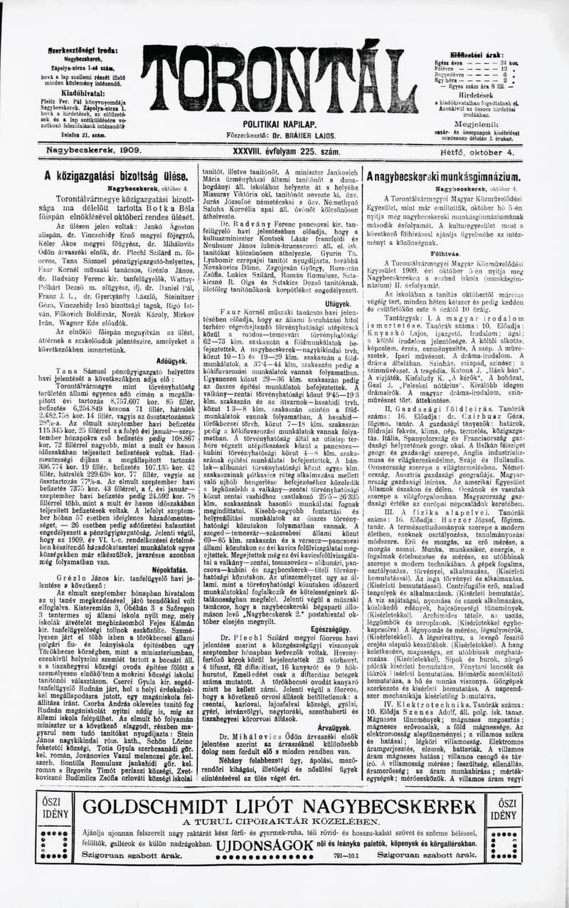 Torontál, 38. évf. 1909. október 4. 225. sz.
