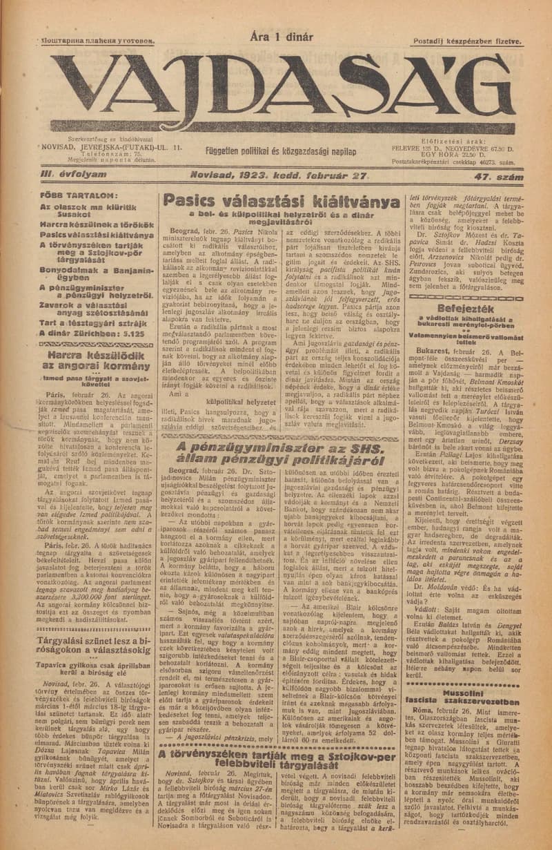 Vajdaság, 3. évf. 1923. február 27. 47. sz.