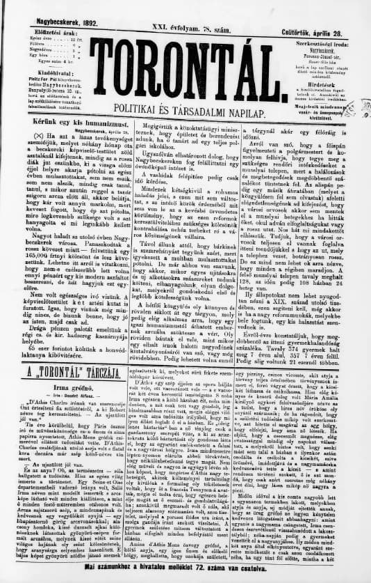 Torontál, 21. évf. 1892. április 28. 78. sz.