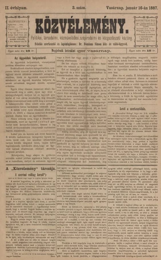 Közvélemény, 2. évf. 1887. január 16. 3. sz.