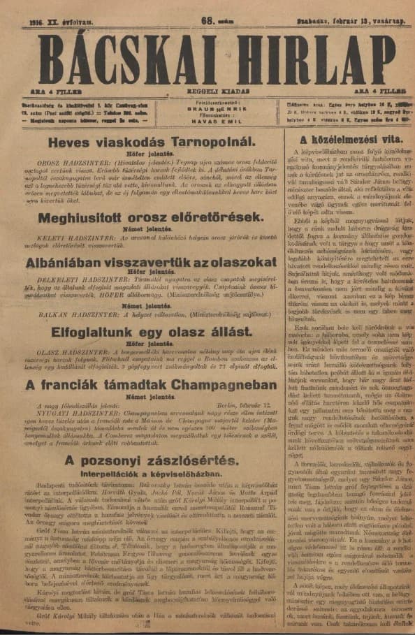 Bácskai Hirlap, 20. évf. 1916. február 13. 68. sz.
