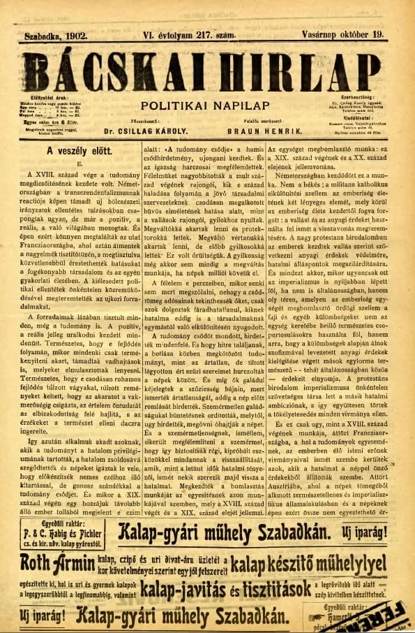 Bácskai Hirlap, 6. évf. 1902. október 19. 217. sz.