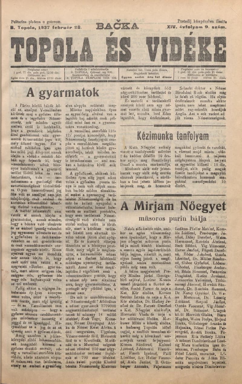 Bačka Topola és Vidéke, 14. évf. 1937. február 28. 9. sz.
