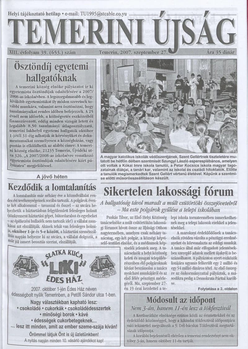 Temerini Újság, 13. évf. 2007. szeptember 27. 39. sz.