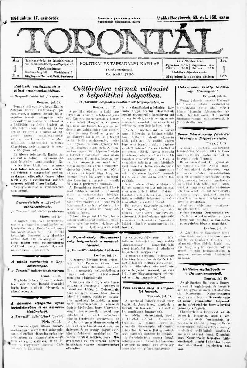 Torontál, 53. évf. 1924. július 17. 160. sz.