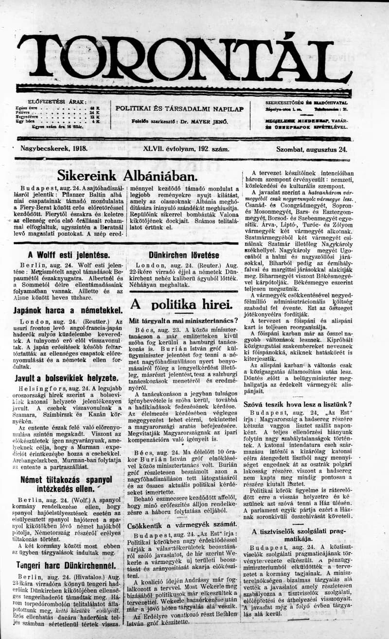 Torontál, 47. évf. 1918. augusztus 24. 192. sz.