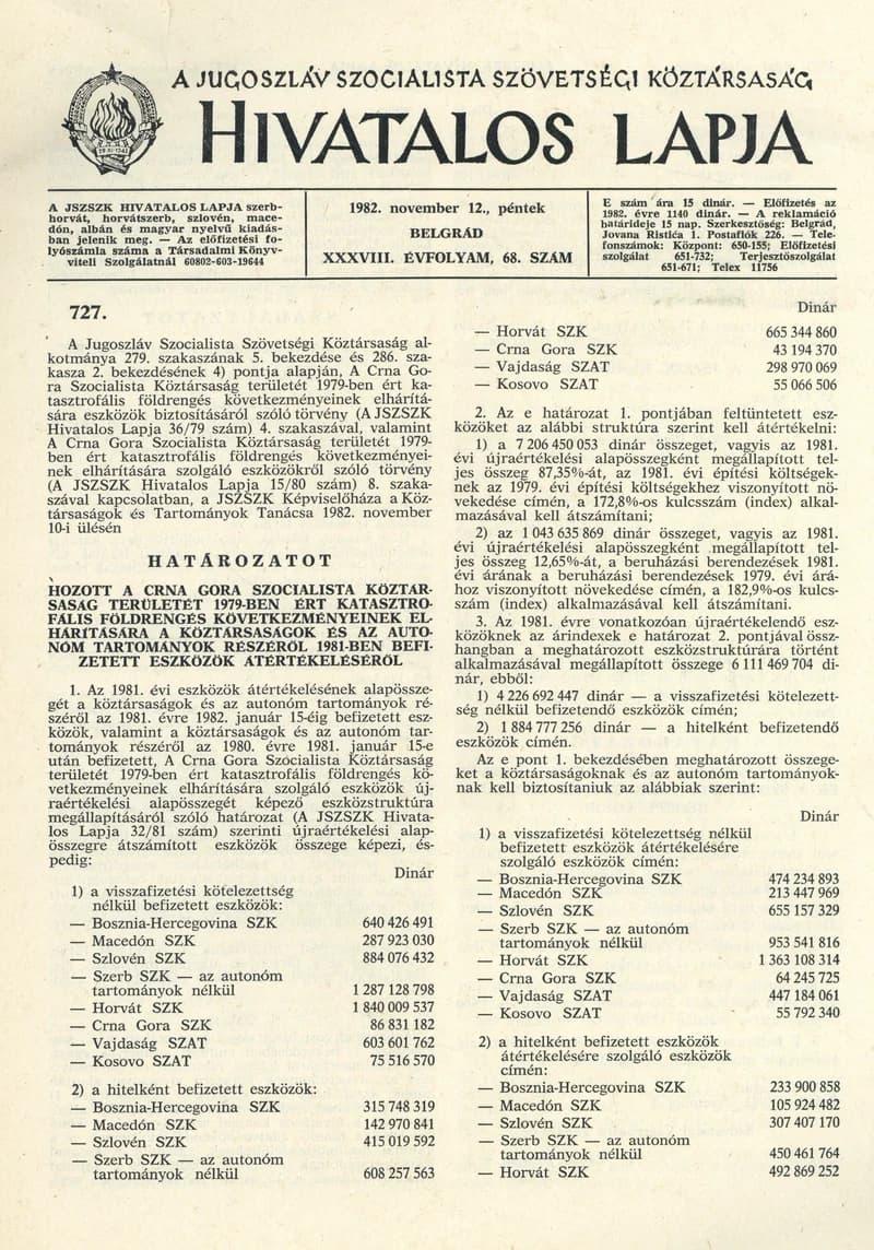 A Jugoszláv Szocialista Szövetségi Köztársaság Hivatalos Lapja, 37. évf. 1982. november 12. 68. sz. 1569–1592. oldal