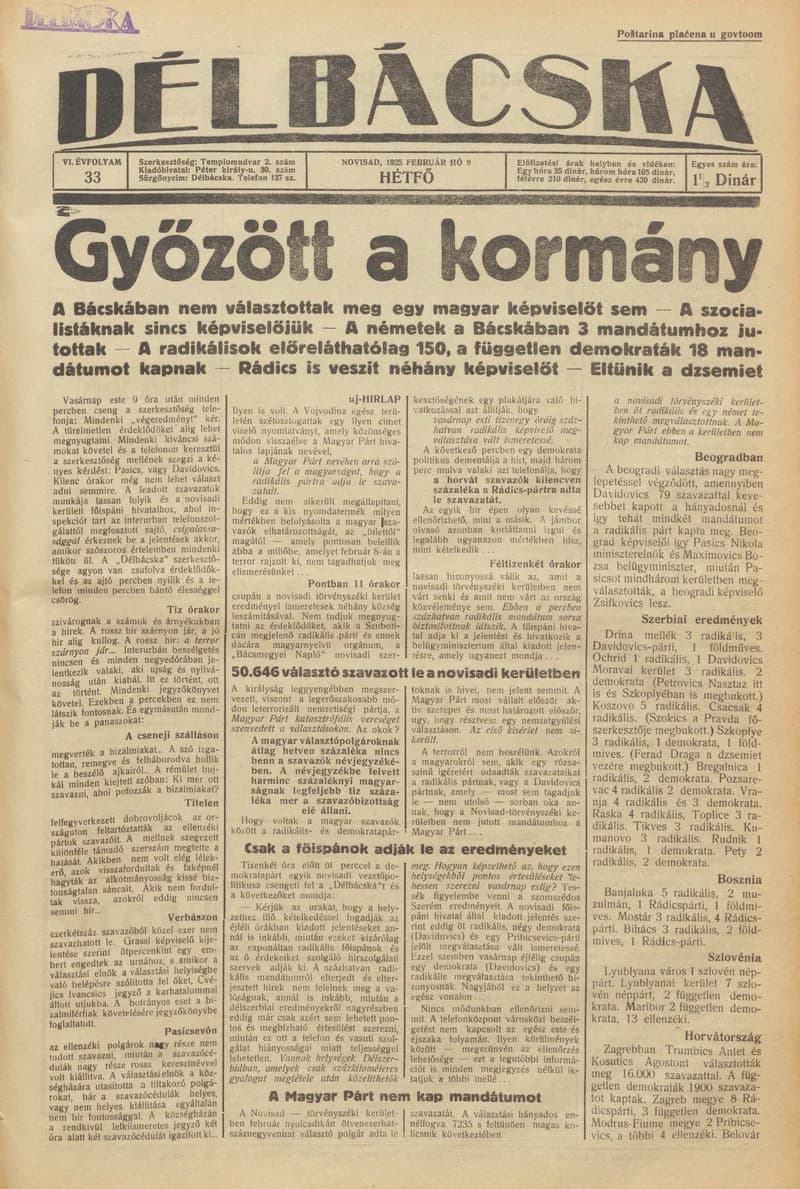 Délbácska, 6. évf. 1925. február 9. 33. sz.
