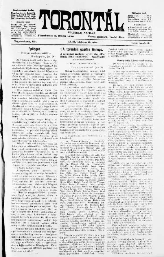 Torontál, 43. évf. 1914. január 26. 20. sz.
