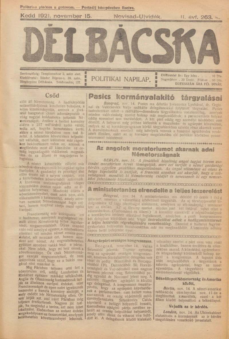 Délbácska, 2. évf. 1921. november 15. 263. sz.