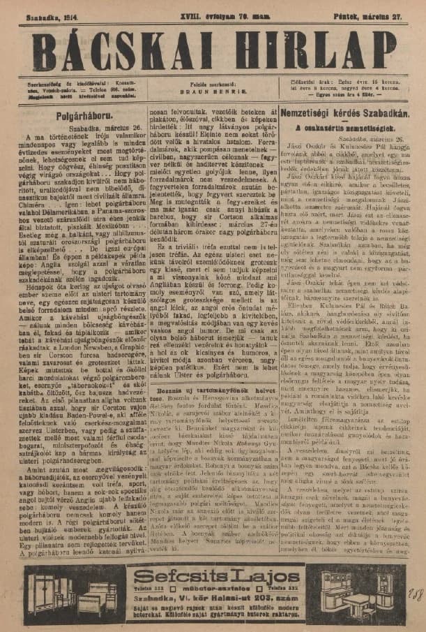Bácskai Hirlap, 18. évf. 1914. március 27. 70. sz.