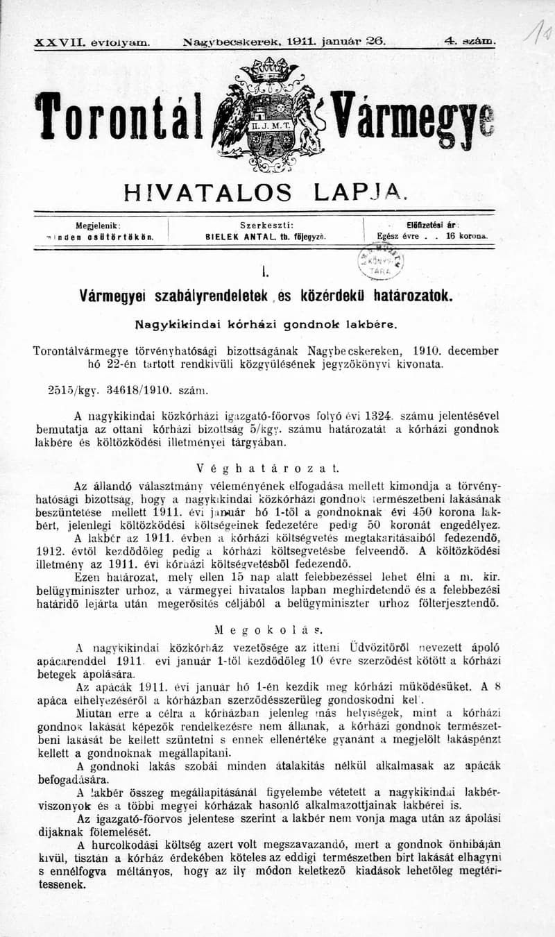 Torontál Vármegye Hivatalos Lapja, 27. évf. 1911. január 26. 4. sz.