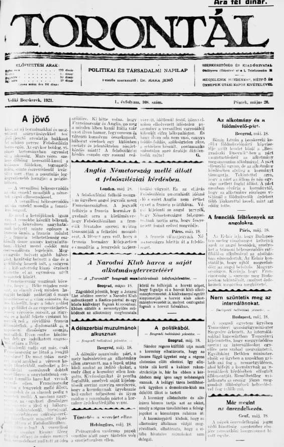 Torontál, 50. évf. 1921. május 20. 108. sz.