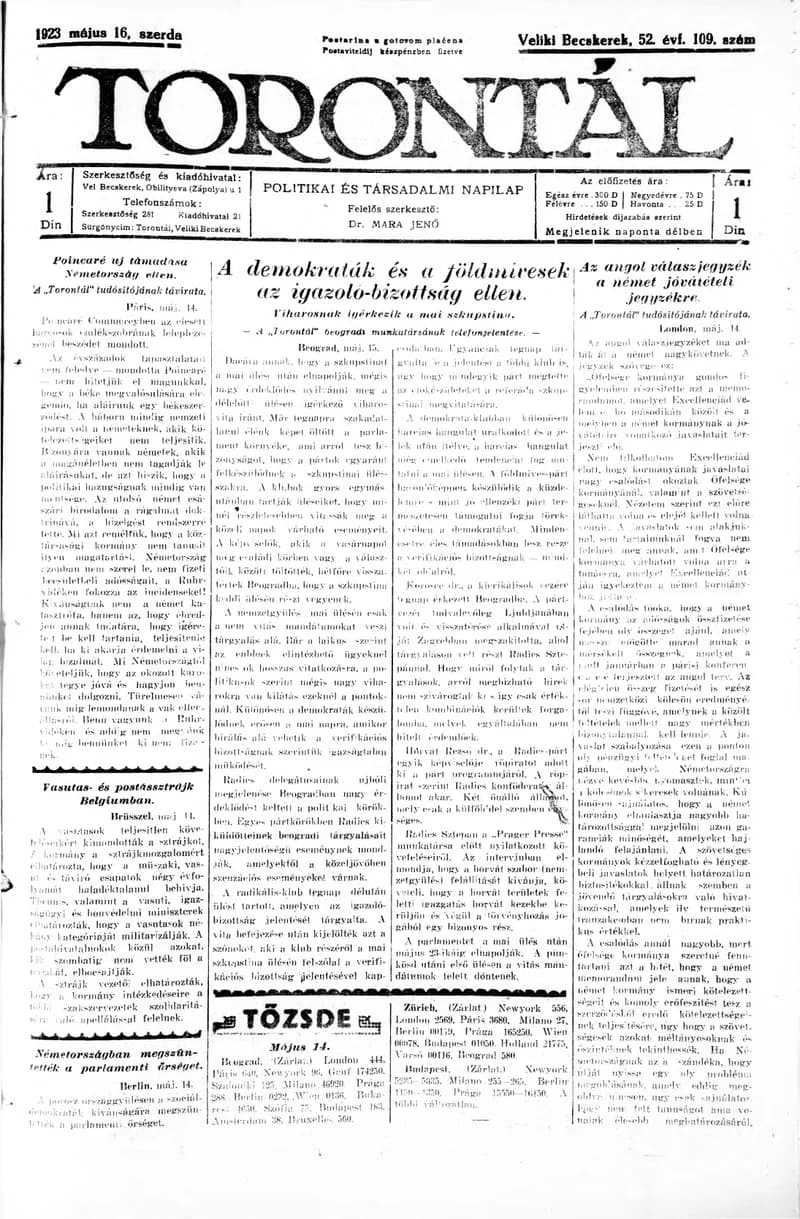 Torontál, 52. évf. 1923. május 16. 109. sz.