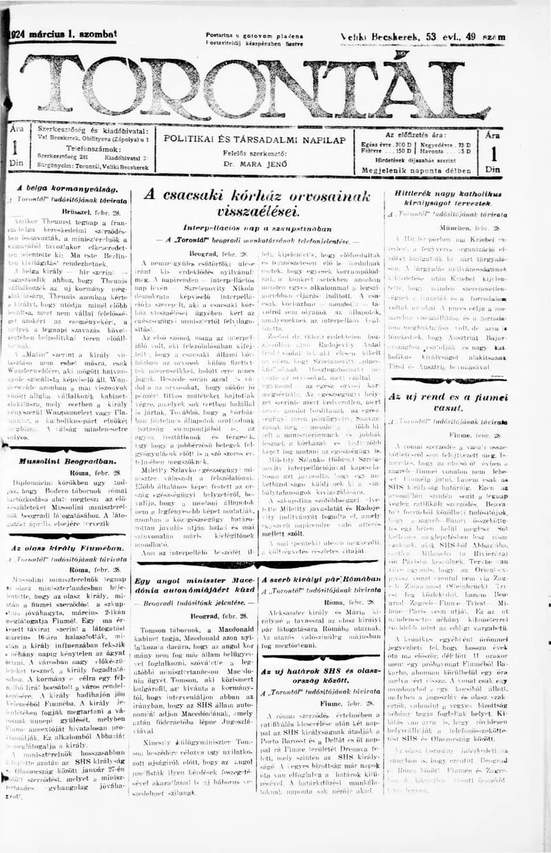 Torontál, 53. évf. 1924. március 1. 49. sz.