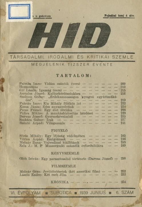 Híd, 6. évf. 1939. június. 6. sz. 209–256. oldal