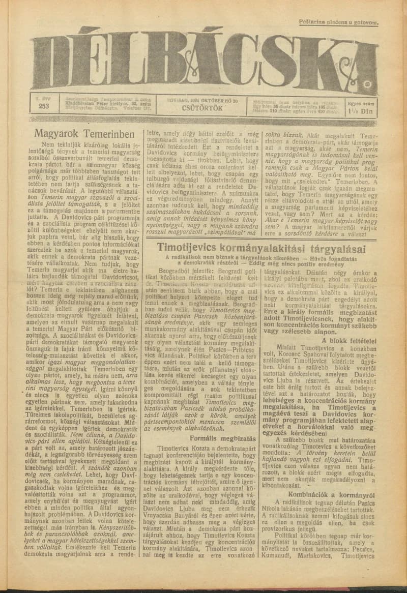 Délbácska, 5. évf. 1924. október 30. 253. sz.