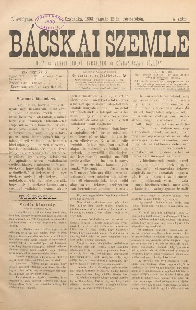 Bácskai Szemle, 1. évf. 1893. január 12. 4. sz.