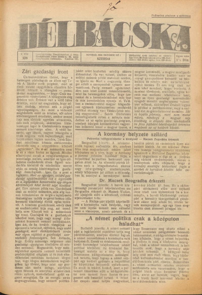 Délbácska, 5. évf. 1924. október 1. 228. sz.