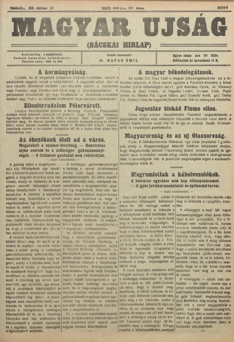 Bácskai Hirlap, 23. évf. 1919. október 20. 107. sz.