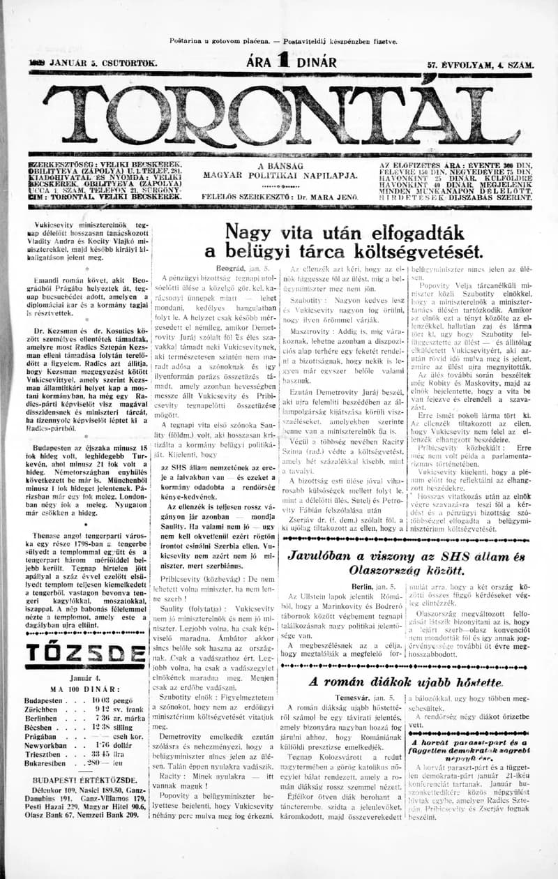 Torontál, 57. évf. 1928. január 5. 4. sz.
