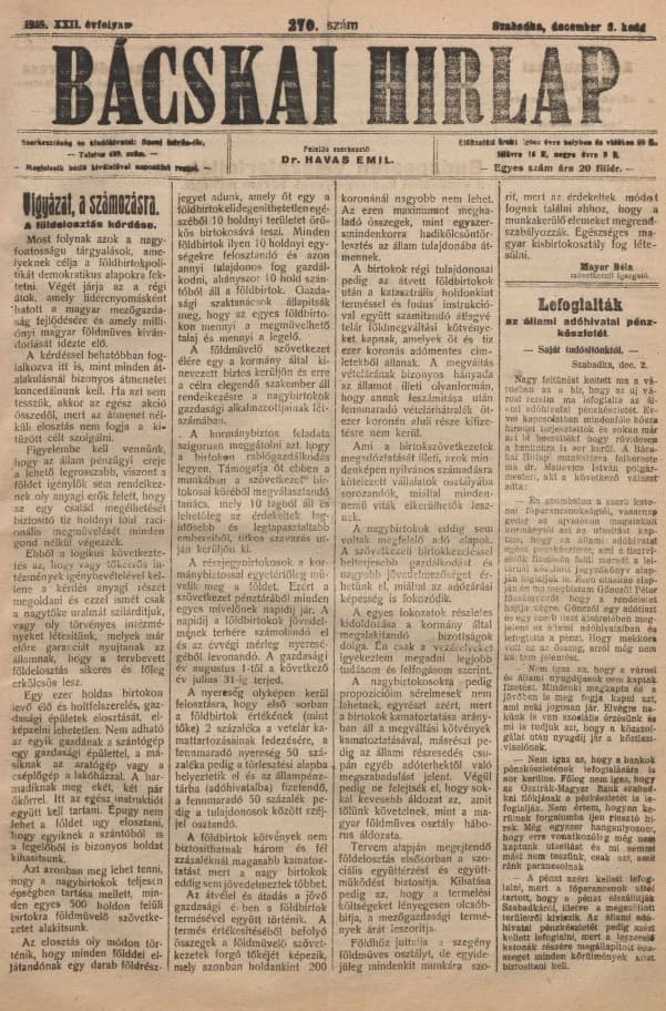 Bácskai Hirlap, 22. évf. 1918. december 3. 270. sz.