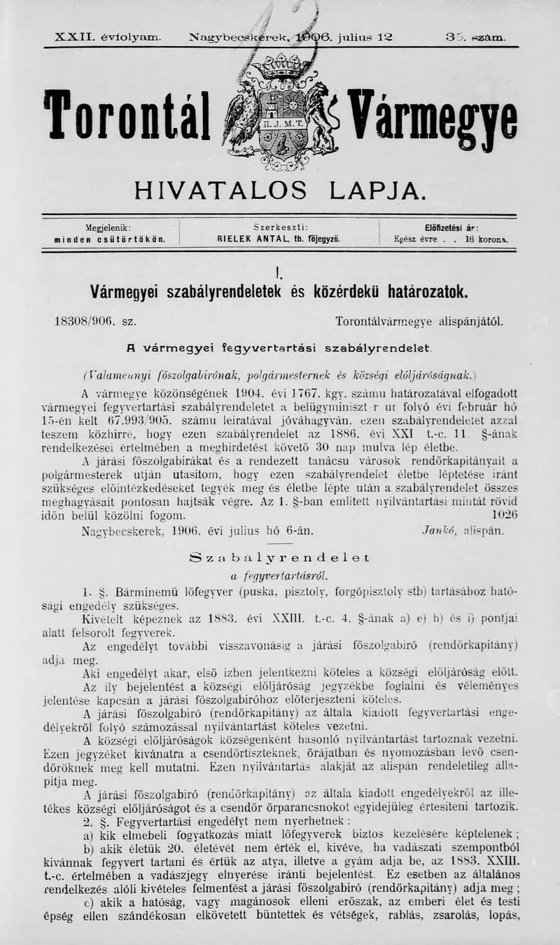 Torontál Vármegye Hivatalos Lapja, 22. évf. 1906. július 12. 35. sz.