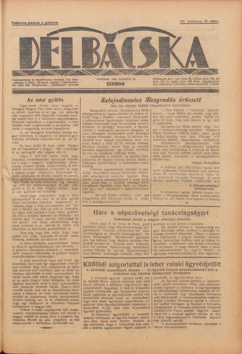 Délbácska, 7. évf. 1926. március 10. 57. sz.