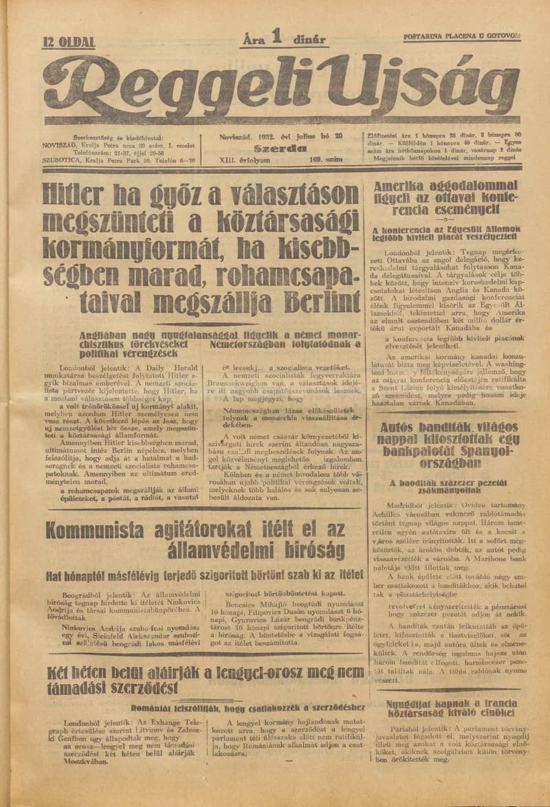 Reggeli Újság, 13. évf. 1932. július 20. 169. sz.