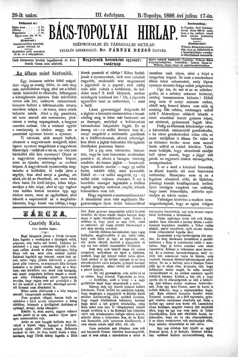 Bács-Topolyai Hirlap, 3. évf. 1898. július 17. 29. sz.