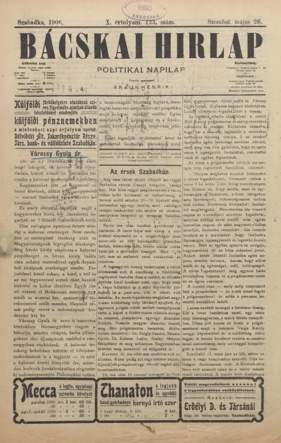 Bácskai Hirlap, 10. évf. 1906. május 26. 123. sz.