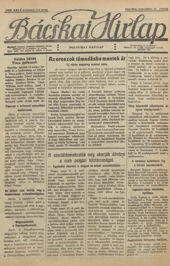 Bácskai Hirlap, 24. évf. 1920. szeptember 17. 150. sz.