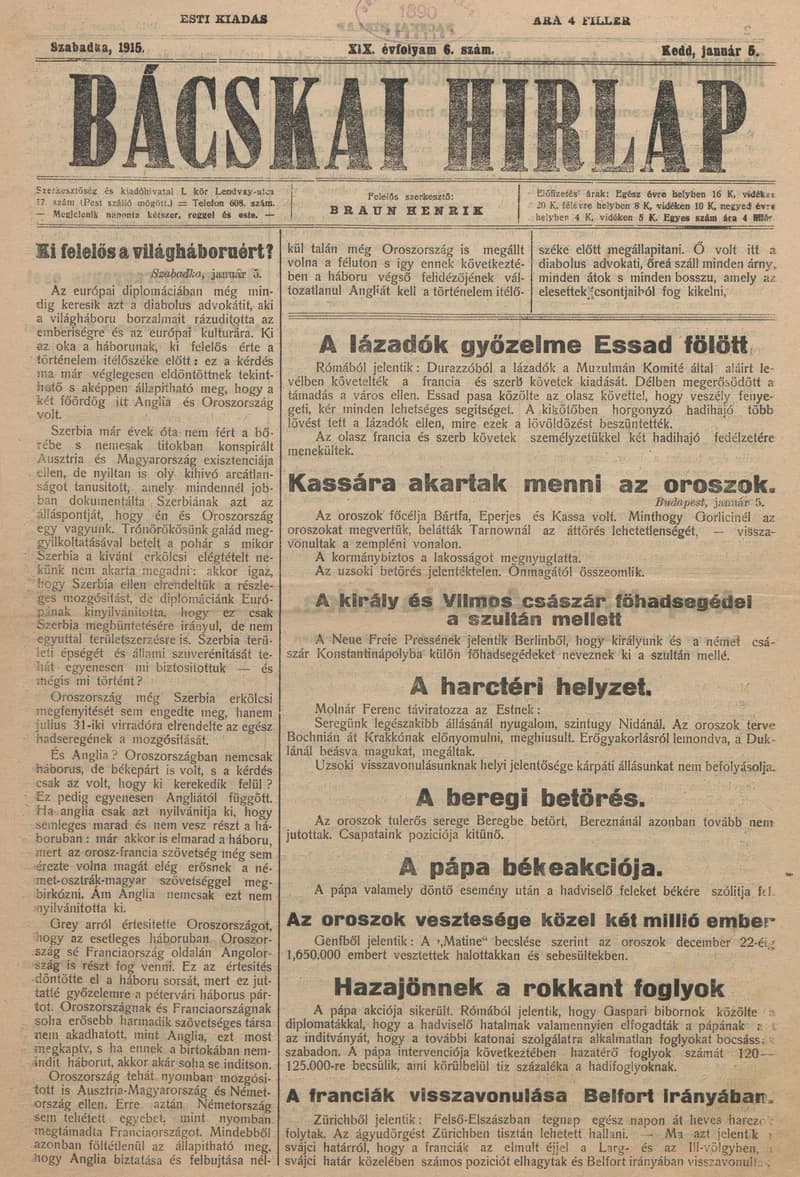 Bácskai Hirlap, 19. évf. 1915. január 5. 6. sz.