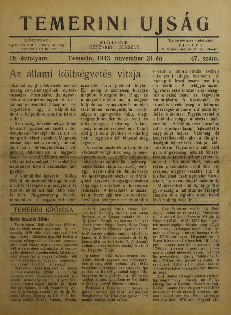 Temerini Újság 1928-1944, 16. évf. 1943. november 21. 47. sz.