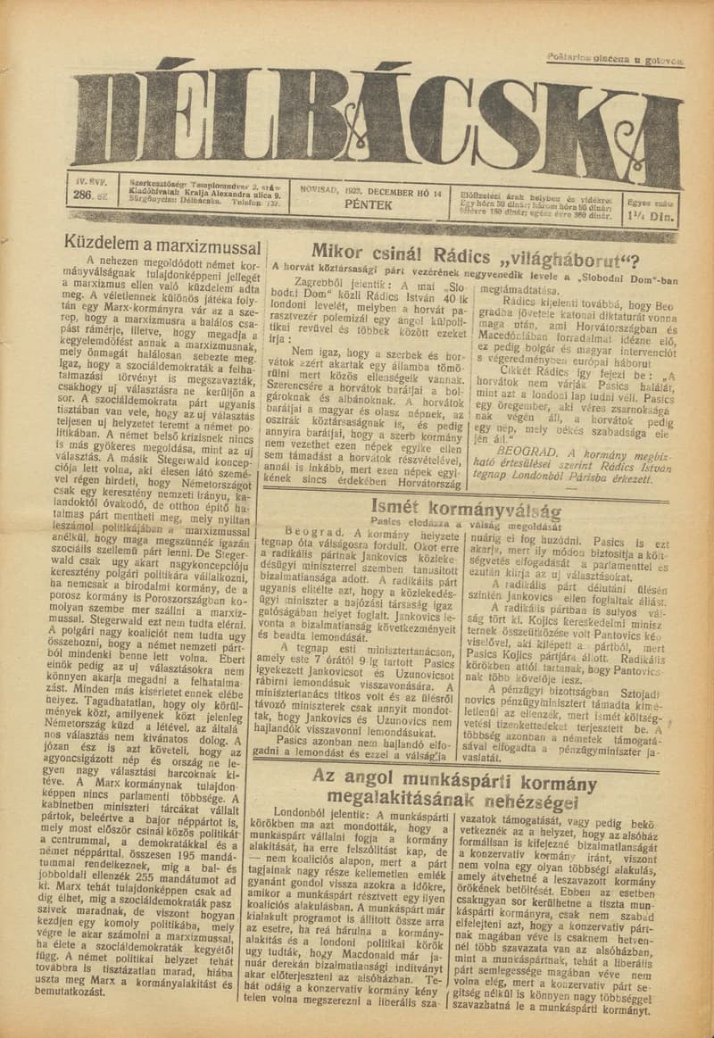 Délbácska, 4. évf. 1923. december 14. 286. sz.