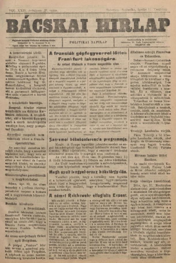 Bácskai Hirlap, 24. évf. 1920. április 11. 37. sz.