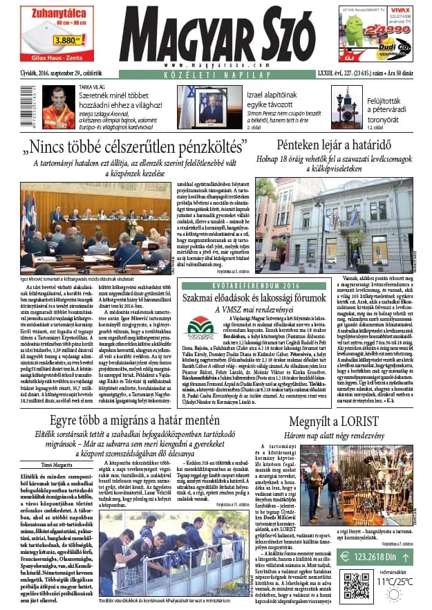 Magyar Szó, 73. évf. 2016. szeptember 29. 227. sz. 1–20. oldal