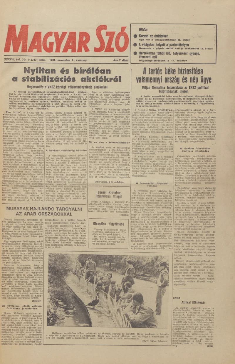 Magyar Szó, 38. évf. 1981. november 1. 301. sz.