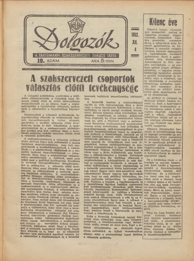 Dolgozók, 6. évf. 1952. december 4. 19. sz.