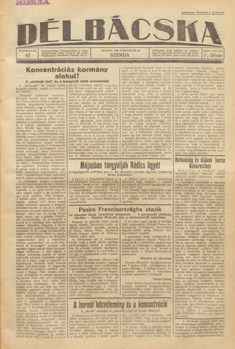 Délbácska, 6. évf. 1925. február 25. 47. sz.
