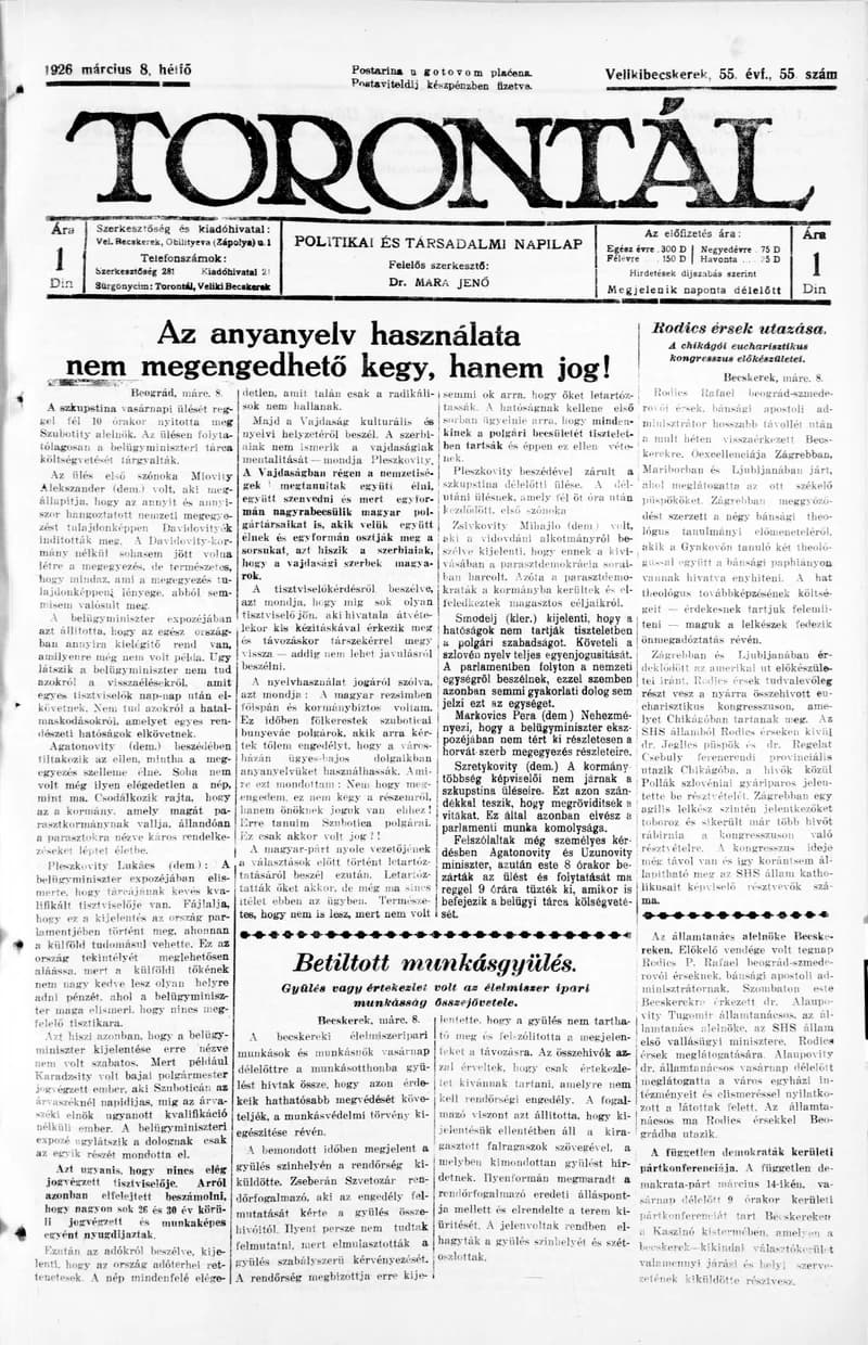 Torontál, 55. évf. 1926. március 8. 55. sz.