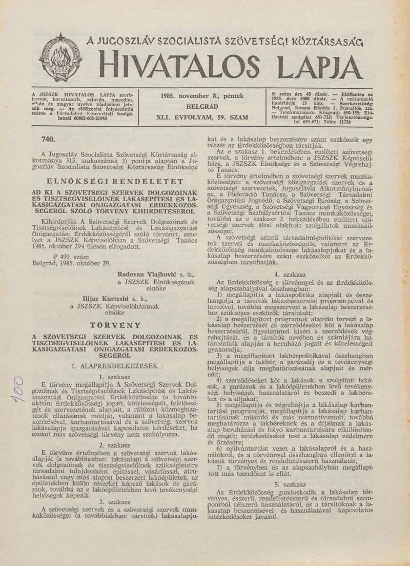 A Jugoszláv Szocialista Szövetségi Köztársaság Hivatalos Lapja, 41. évf. 1985. november 8. 59. sz. 1565–1588. oldal