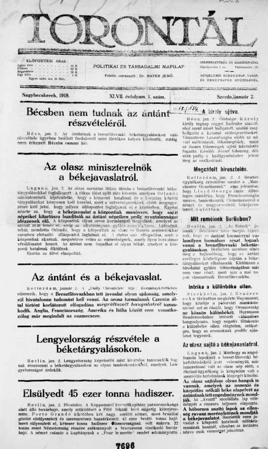 Torontál, 47. évf. 1918. január 2. 1. sz.