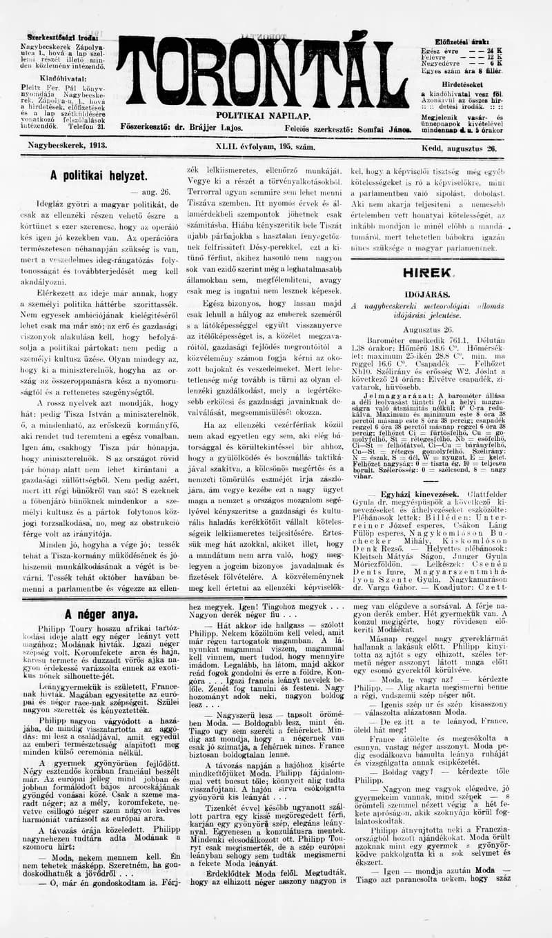 Torontál, 42. évf. 1913. augusztus 26. 195. sz.