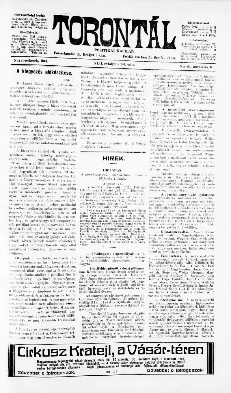 Torontál, 42. évf. 1913. augusztus 6. 180. sz.