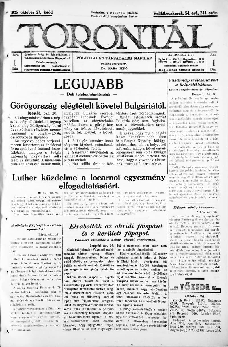 Torontál, 54. évf. 1925. október 27. 244. sz.
